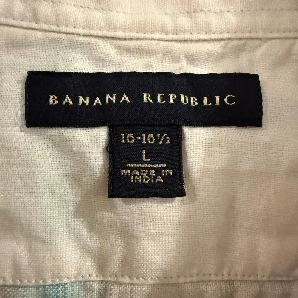 Banana Republic Button Up Shirt Men Large White Teal Plaid Linen Epaulets Beachy